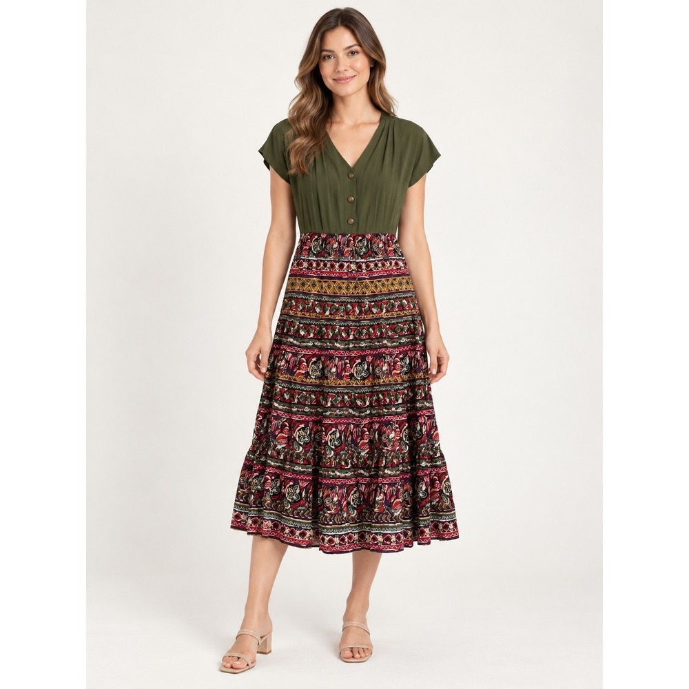 Caroline Wells Petites Olive Green Mixed Print Boho Midi Dress Cap Sleeve XL